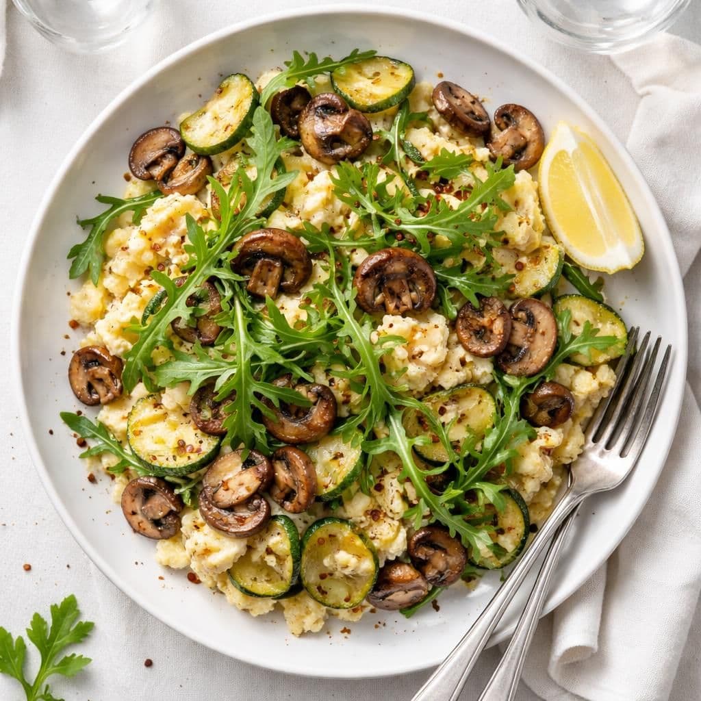 Eggerøre med aromasopp, squash og ruccola