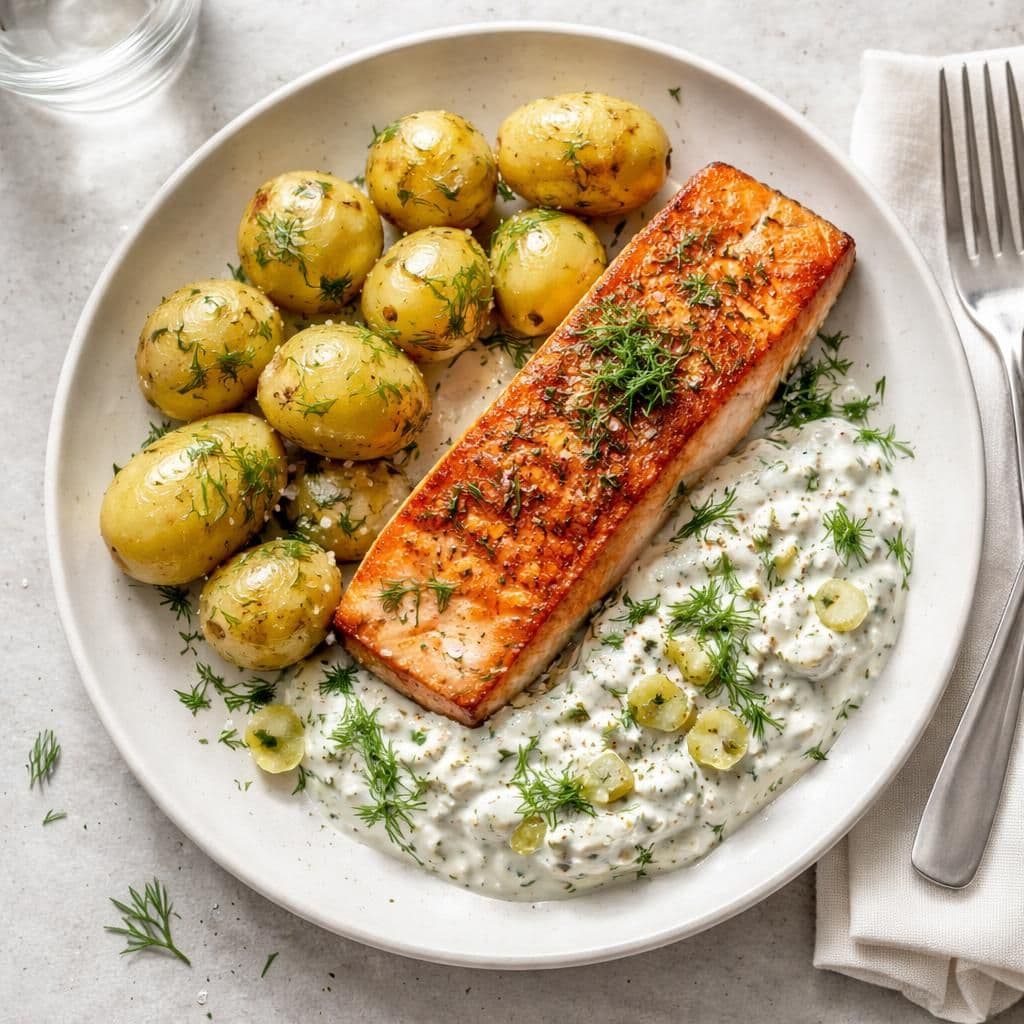 Laksefilet i panne med sylteagurk-rømmedressing og poteter – middag fra Bunnpris uke 24