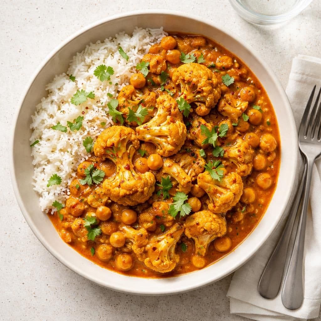 Blomkål tikka masala med kikerter og ris