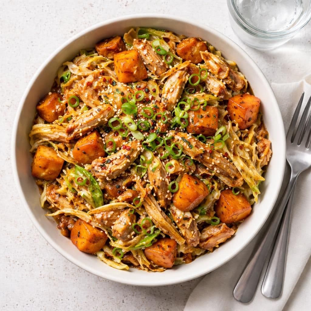 Pulled chicken wok med sommerkål og søtpotet